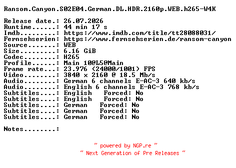 NFO for the release Ransom.Canyon.S02E04.German.DL.HDR.2160p.WEB.h265-W4K by W4K