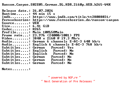 NFO for the release Ransom.Canyon.S02E05.German.DL.HDR.2160p.WEB.h265-W4K by W4K