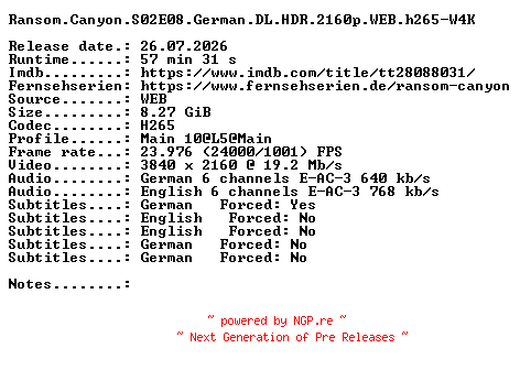 NFO for the release Ransom.Canyon.S02E08.German.DL.HDR.2160p.WEB.h265-W4K by W4K