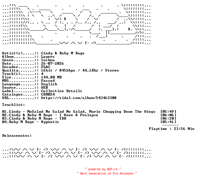 NFO for the release Cindy_And_Roby_M_Rage-Layers-CDR024-16BIT-WEB-FLAC-2026-WAVED by WAVED