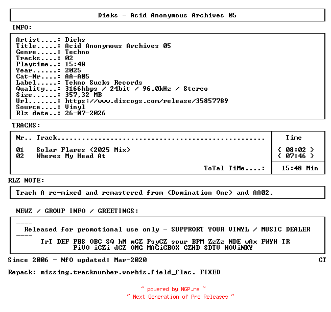 NFO for the release Dieks-Acid_Anonymous_Archives_05-(AA-A05)-REPACK-VINYL-FLAC-2025-CT by CT