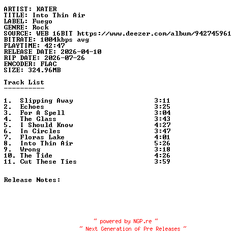 NFO for the release KATER-Into_Thin_Air-16BIT-WEB-FLAC-2026-SDR by SDR