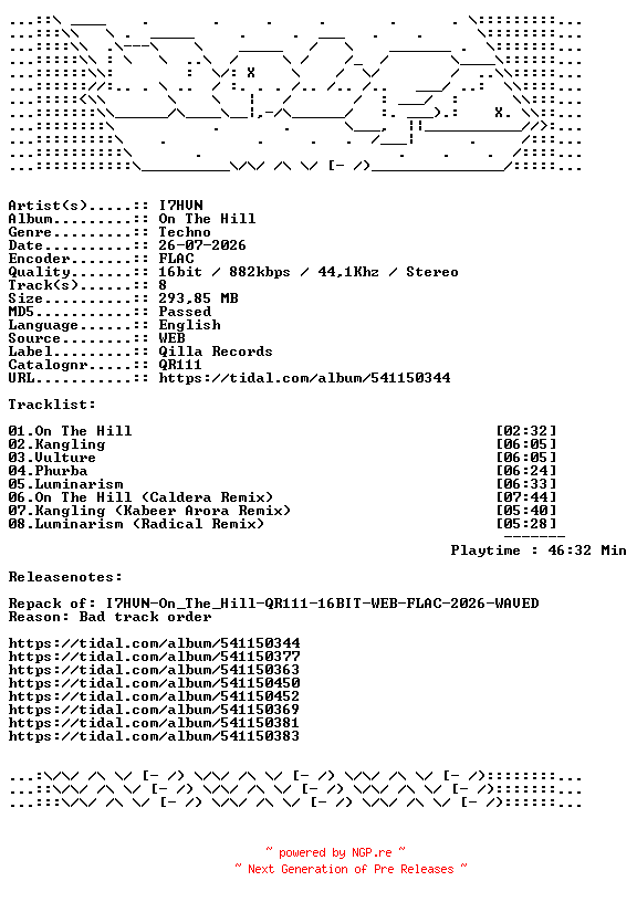 NFO for the release I7HVN-On_The_Hill-QR111-REPACK-16BIT-WEB-FLAC-2026-WAVED by WAVED