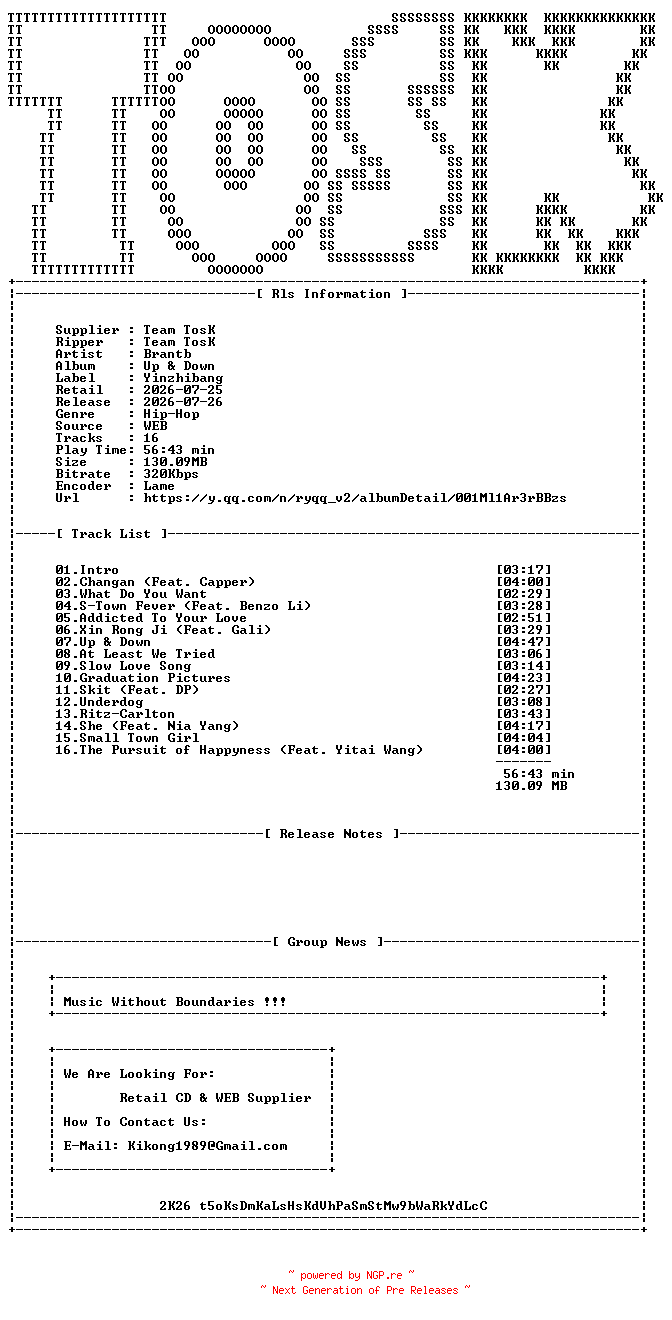 NFO for the release Brantb-Up_And_Down-WEB-CN-2026-TosK by TosK