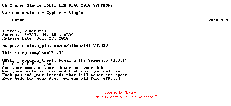 NFO for the release VA-Cypher-Single-16BIT-WEB-FLAC-2018-SYMPHONY by SYMPHONY
