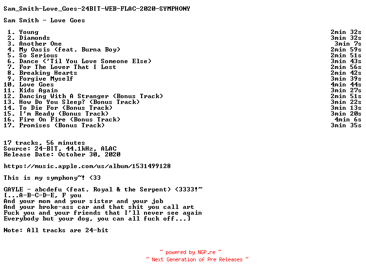 NFO for the release Sam_Smith-Love_Goes-24BIT-WEB-FLAC-2020-SYMPHONY by SYMPHONY