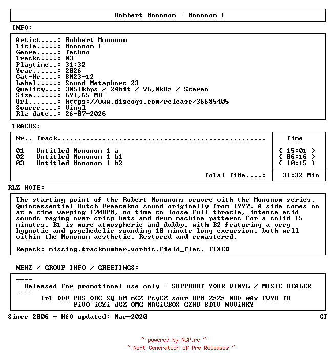 NFO for the release Robbert_Mononom-Mononom_1-(SM23-12)-REPACK-VINYL-FLAC-2026-CT by CT
