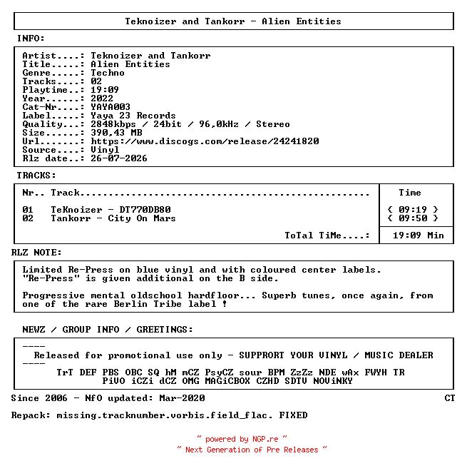 NFO for the release Teknoizer_and_Tankorr-Alien_Entities-(YAYA003)-REPACK-REPRESS-VINYL-FLAC-2022-CT by CT