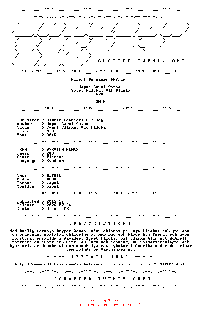 NFO for the release Joyce.Carol.Oates.-.Svart.Flicka.Vit.Flicka.2015.SWEDISH.RETAIL.EPUB.eBook-CTO by CTO