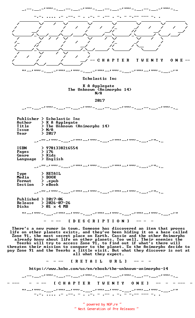 NFO for the release K.A.Applegate.-.The.Unknown.Animorphs.14.2017.RETAIL.EPUB.eBook-CTO by CTO
