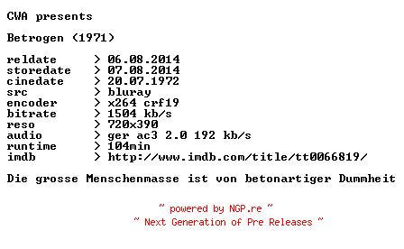 NFO for the release Betrogen.1971.German.BDRip.x264.iNTERNAL-CWA by CWA