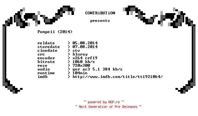 NFO for the release Pompeii.2014.German.BDRip.x264-CONTRiBUTiON by CONTRiBUTiON