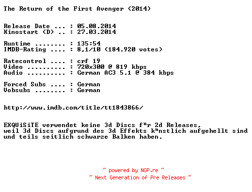 NFO for the release The.Return.of.the.First.Avenger.German.BDRiP.x264-EXQUiSiTE by EXQUiSiTE