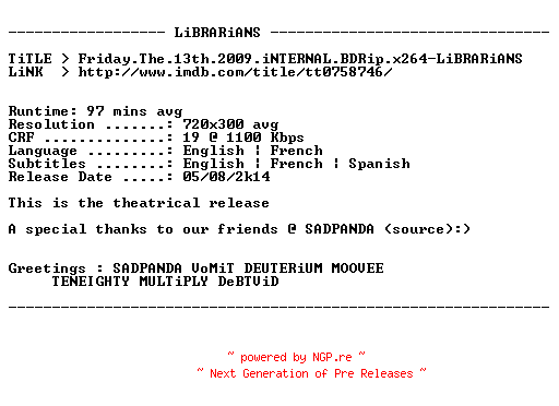 NFO for the release Friday.The.13th.2009.iNTERNAL.BDRip.x264-LiBRARiANS by LiBRARiANS
