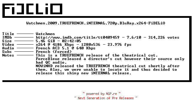 NFO for the release Watchmen.2009.TRUEFRENCH.iNTERNAL.720p.BluRay.x264-FiDELiO by FiDELiO