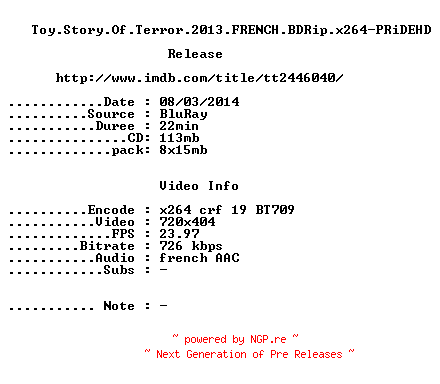 NFO for the release Toy.Story.Of.Terror.2013.FRENCH.BDRip.x264-PRiDEHD by PRiDEHD