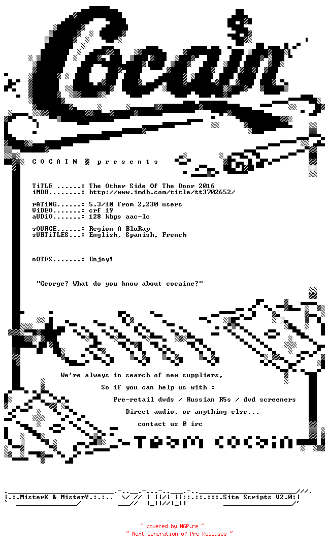 NFO for the release The.Other.Side.Of.The.Door.2016.BDRip.x264-COCAIN by COCAIN