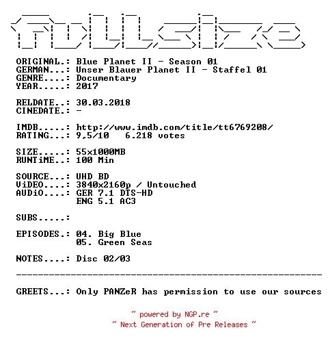 NFO for the release Blue.Planet.II.S01D02.DUAL.COMPLETE.UHD.BLURAY-FULLSiZE by FULLSiZE