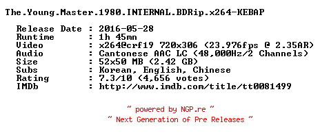 NFO for the release The.Young.Master.1980.INTERNAL.BDRip.x264-KEBAP by KEBAP
