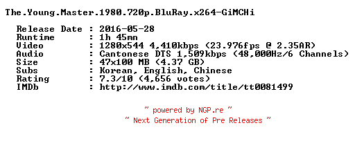 NFO for the release The.Young.Master.1980.720p.BluRay.x264-GiMCHi by GiMCHi
