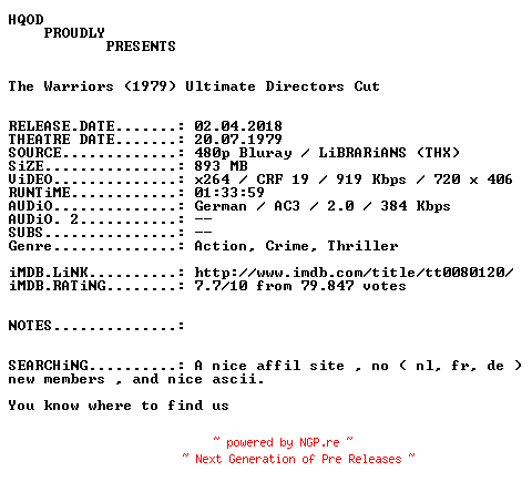 NFO for the release The.Warriors.Ultimate.Directors.Cut.German.1979.AC3D.BDRiP.x264-HQOD by HQOD