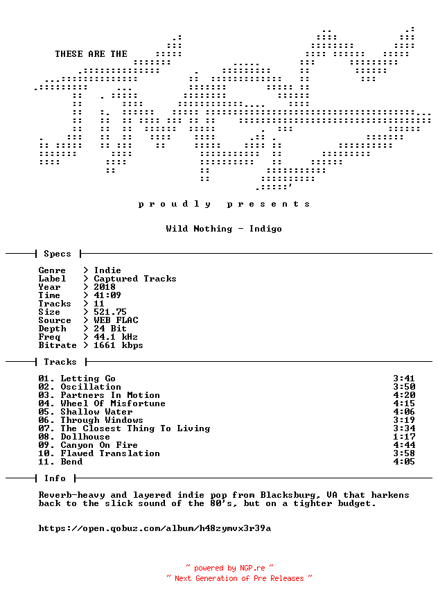 NFO for the release Wild_Nothing-Indigo-24BIT-WEB-FLAC-2018-TiMES by TiMES