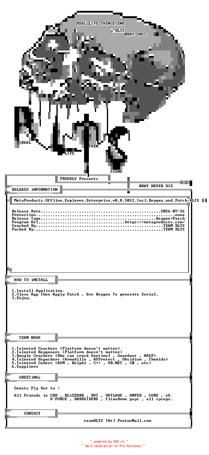 NFO for the release MetaProducts.Offline.Explorer.Enterprise.v8.8.5012.Incl.Keygen.and.Patch-RLTS by RLTS