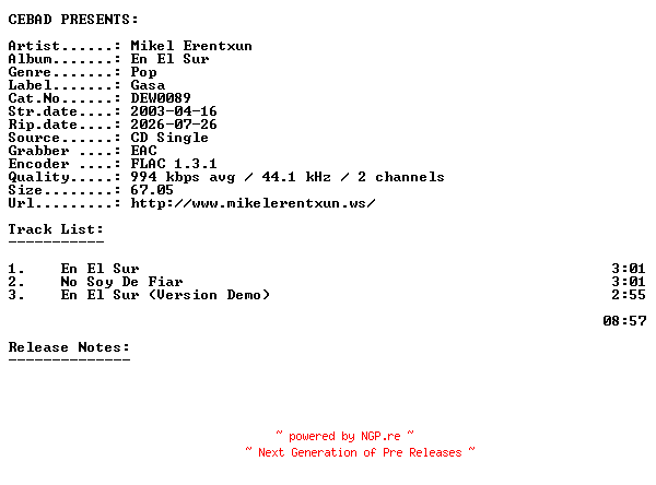 NFO for the release Mikel_Erentxun-En_El_Sur-(DEW0089)-CDS-FLAC-2003-CEBAD by CEBAD