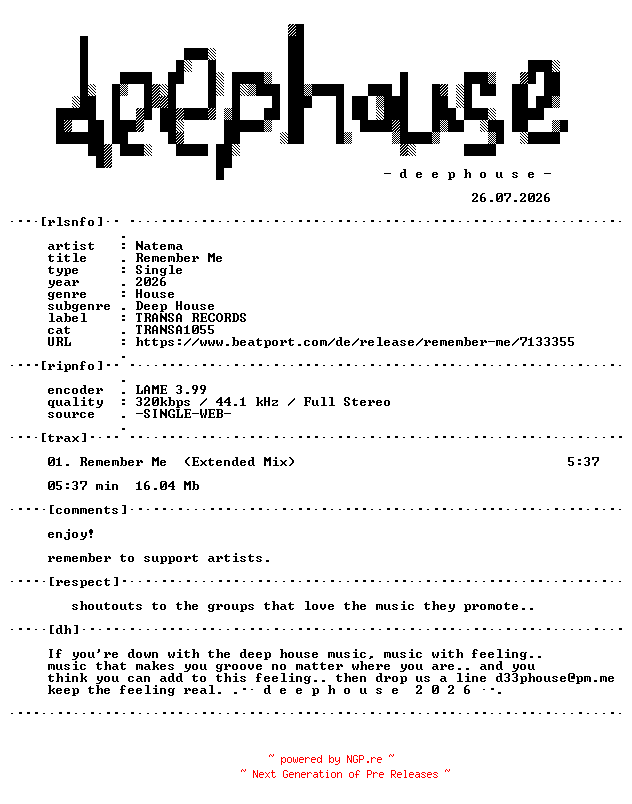 NFO for the release Natema--Remember_Me-(TRANSA1055)-SINGLE-WEB-2026-dh by dh