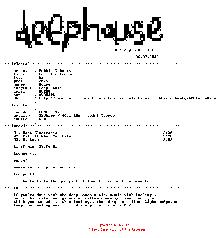 NFO for the release Robbie_Doherty--Bass_Electronic-(AV003DL)-WEB-2025-dh by dh