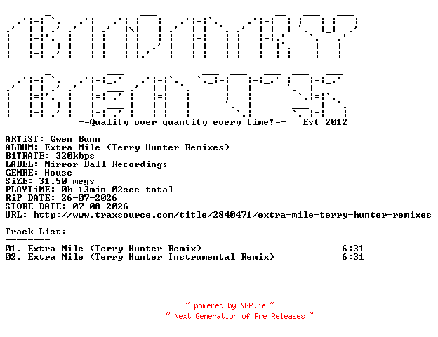NFO for the release Gwen_Bunn-Extra_Mile_(Terry_Hunter_Remixes)-(MB073ST)-WEB-2026-BB by BB