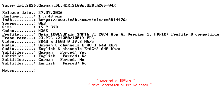 NFO for the release Supergirl.2026.German.DL.HDR.2160p.WEB.h265-W4K by W4K