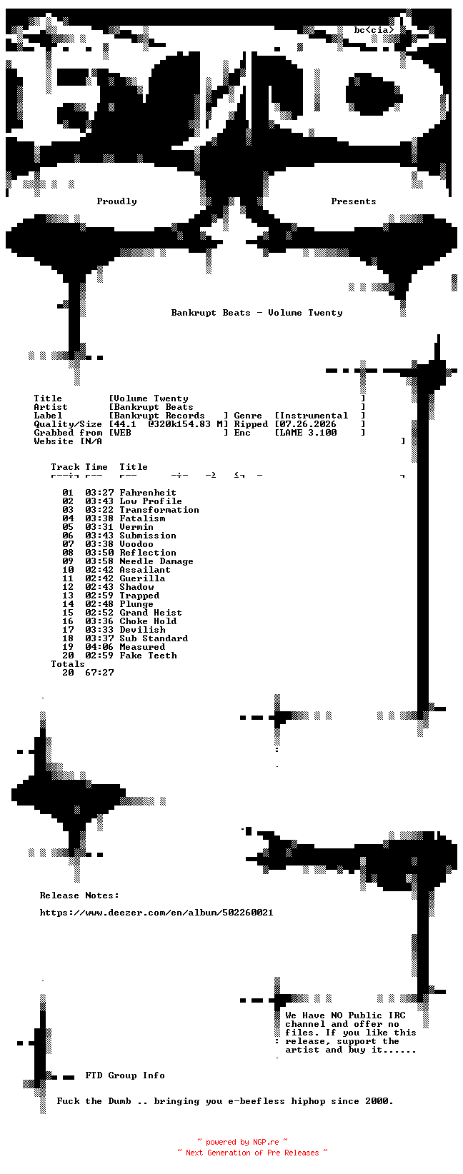 NFO for the release Bankrupt_Beats-Volume_Twenty-WEB-2023-FTD by FTD