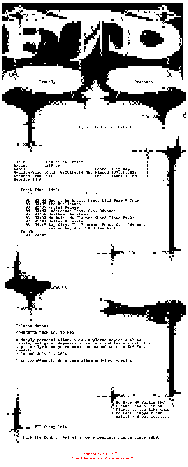 NFO for the release Effyoo-God_is_an_Artist-WEB-2026-FTD by FTD