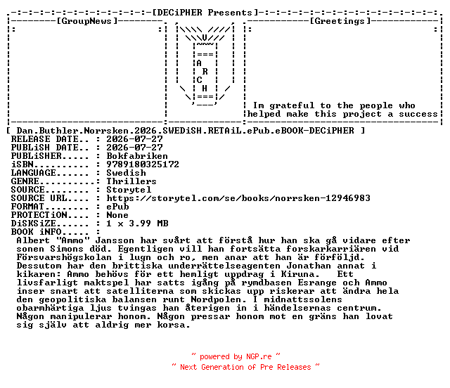 NFO for the release Dan.Buthler.Norrsken.2026.SWEDiSH.RETAiL.ePub.eBOOK-DECiPHER by DECiPHER