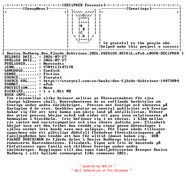 NFO for the release Denise.Rudberg.Den.Fjarde.Doktrinen.2026.SWEDiSH.RETAiL.ePub.eBOOK-DECiPHER by DECiPHER