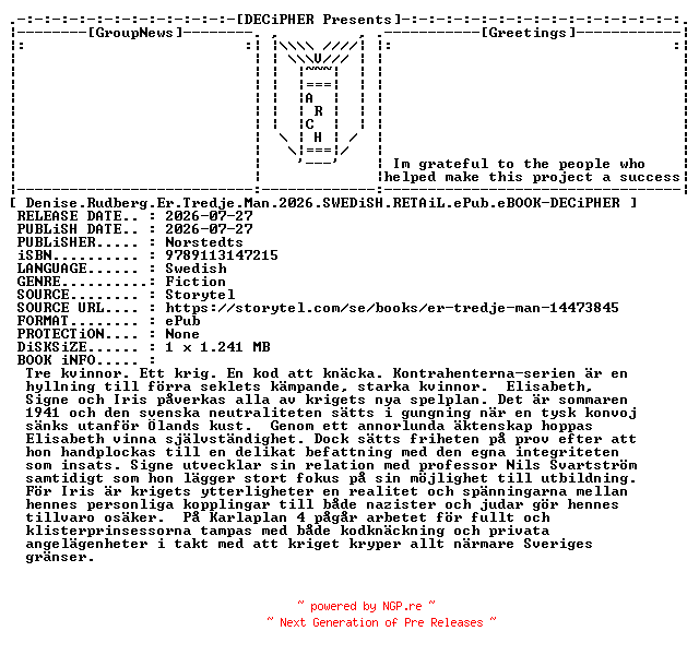 NFO for the release Denise.Rudberg.Er.Tredje.Man.2026.SWEDiSH.RETAiL.ePub.eBOOK-DECiPHER by DECiPHER