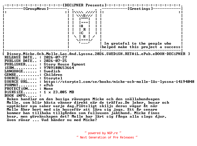 NFO for the release Disney.Micke.Och.Molle.Las.And.Lyssna.2026.SWEDiSH.RETAiL.ePub.eBOOK-DECiPHER by DECiPHER