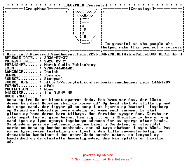 NFO for the release Kristin.S.Alovsrud.Sandhedens.Pris.2026.DANiSH.RETAiL.ePub.eBOOK-DECiPHER by DECiPHER