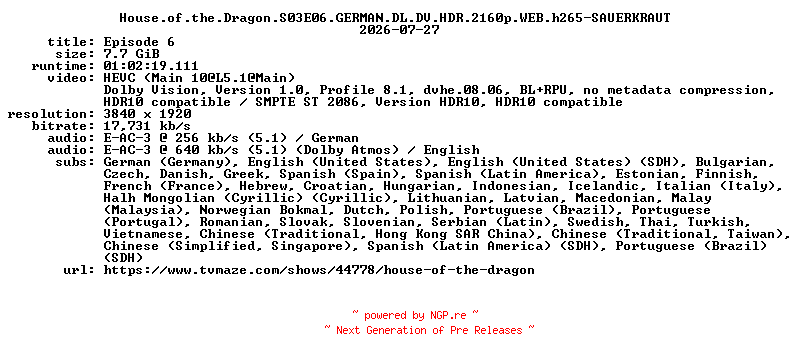 NFO for the release House.of.the.Dragon.S03E06.GERMAN.DL.DV.HDR.2160p.WEB.h265-SAUERKRAUT by SAUERKRAUT