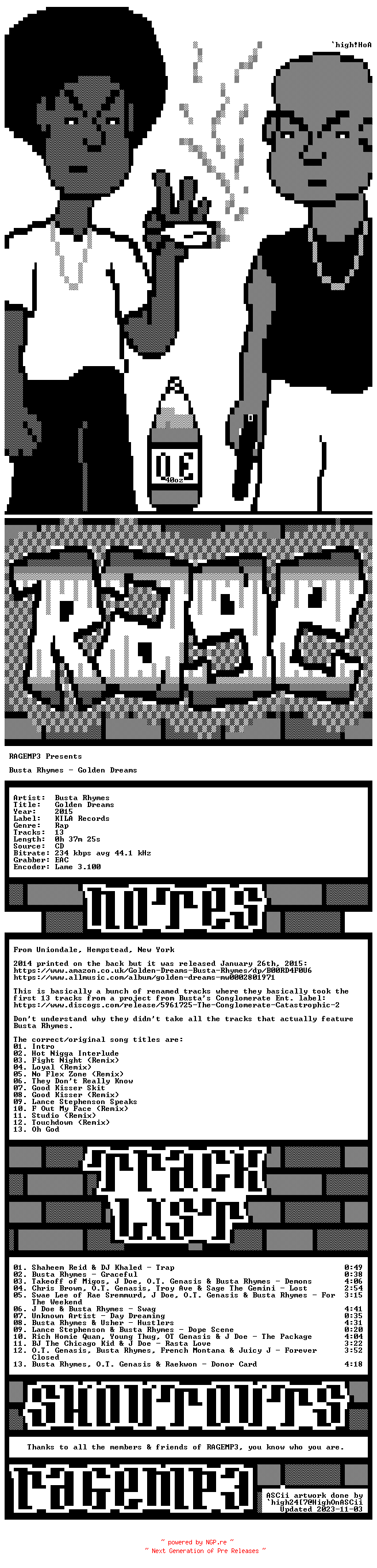 NFO for the release Busta_Rhymes-Golden_Dreams-BOOTLEG-CD-2015-RAGEMP3 by RAGEMP3