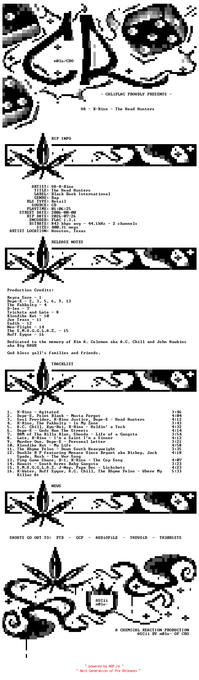 NFO for the release VA-K-Rino-The_Head_Hunters-CD-FLAC-2006-CALiFLAC by CALiFLAC