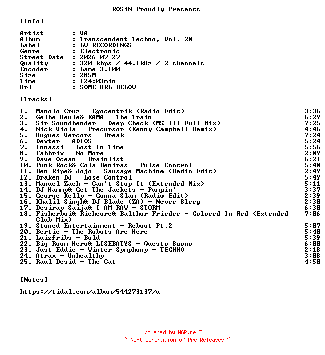NFO for the release VA-Transcendent_Techno_Vol._20-WEB-2026-ROSiN by ROSiN