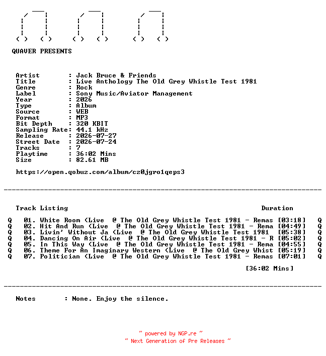 NFO for the release Jack_Bruce_and_Friends-Live_Anthology_The_Old_Grey_Whistle_Test_1981-REMASTERED-WEB-2026-QUAVER by QUAVER