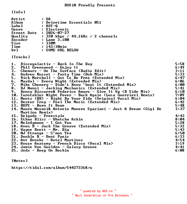 NFO for the release VA-Drivetime_Essentials_051-WEB-2026-ROSiN by ROSiN