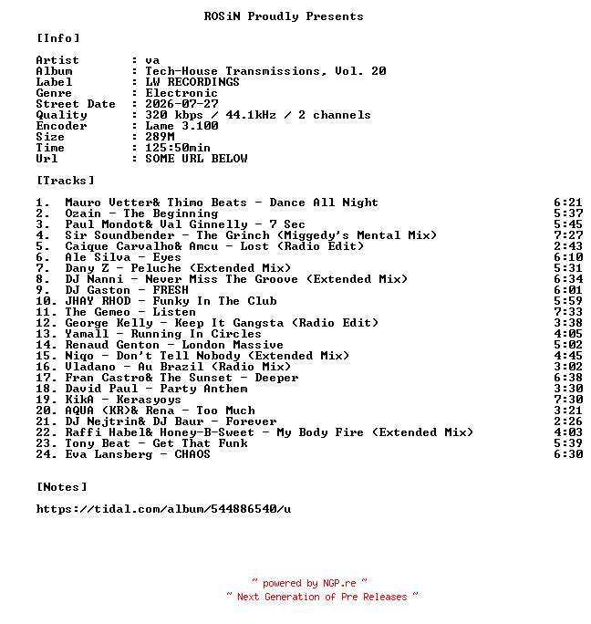 NFO for the release Va-Tech-House_Transmissions_Vol._20-WEB-2026-ROSiN by ROSiN