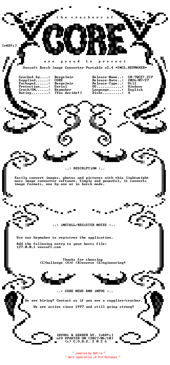 NFO for the release Vovsoft.Batch.Image.Converter.Portable.v2.4.x64.Incl.Keymaker-CORE by CORE