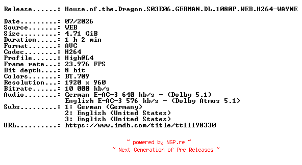 NFO for the release House.of.the.Dragon.S03E06.GERMAN.DL.1080P.WEB.H264-WAYNE by WAYNE