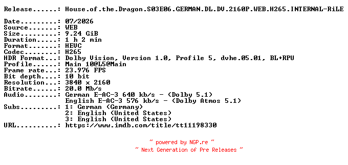 NFO for the release House.of.the.Dragon.S03E06.GERMAN.DL.DV.2160P.WEB.H265.INTERNAL-RiLE by RiLE