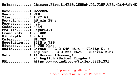 NFO for the release Chicago.Fire.S14E10.GERMAN.DL.720P.WEB.H264-WAYNE by WAYNE